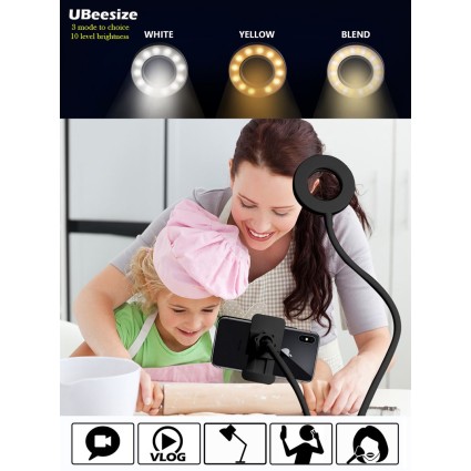 Selfie Ring Light met LED-licht, helderheidsregeling + flexibele armen